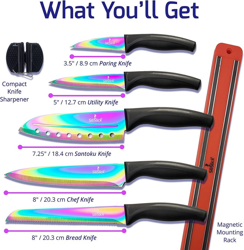 SiliSlick Kitchen Knife Set Kit, 5 Dishwasher Safe Colorful Knives, Knife Sharpener & Magnetic Wall Bar, Titanium Non Stick Plating Stainless Steel - Image 4